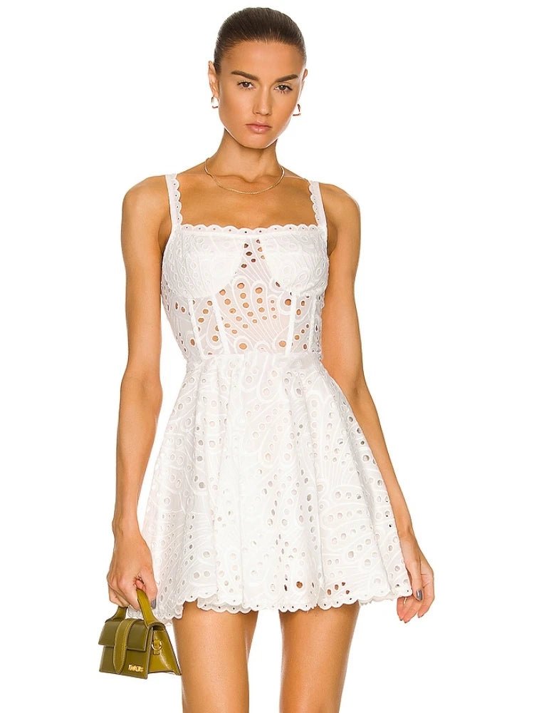 Broderie Anglaise Lace Mini Dress Casual V-Neck Mini Dress