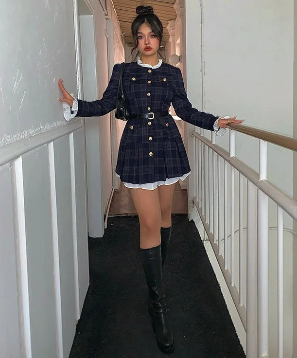 Dulce Plaid Long Sleeve Button Up Pleated Mini Dress Fashionable Mini Dress with Slits Dulce Plaid Long Sleeve Button Up Pleated Mini Dress Fashionable Mini Dress with Slits