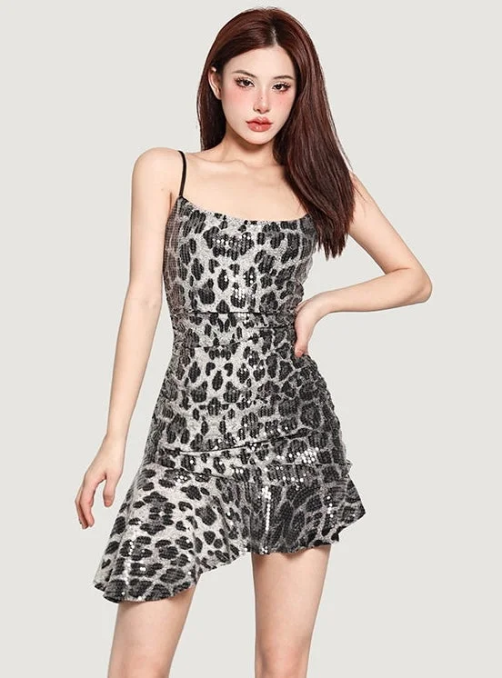 Estella Sequined Grey Leopard Print Asymmetrical Slim Mini Dress Trendy Mini Dress with Belt Estella Sequined Grey Leopard Print Asymmetrical Slim Mini Dress Trendy Mini Dress with Belt