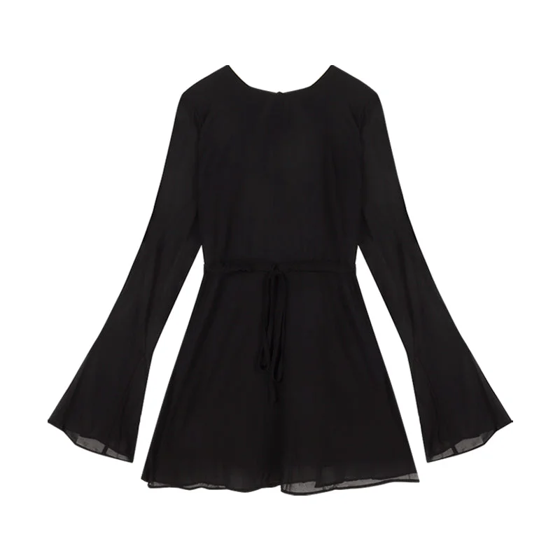 Fiona Solid Color Black Long Sleeve Backless Round Neck Pleated Mini Dress Elegant Floral-Print Mini Dress Fiona Solid Color Black Long Sleeve Backless Round Neck Pleated Mini Dress Elegant Floral-Print Mini Dress