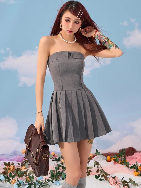 Julianna Solid Color Gray Bandeau Chest Fold Pleated Sleeveless Short Mini Dress Fashionable A-Line Mini Dress Julianna Solid Color Gray Bandeau Chest Fold Pleated Sleeveless Short Mini Dress Fashionable A-Line Mini Dress