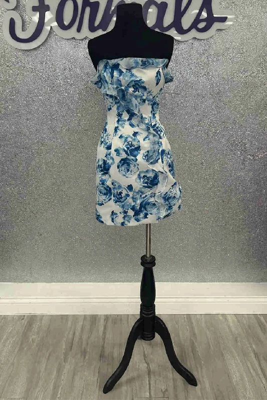 Strapless Blue Floral Print Mini Dress with Ruffles Classic Casual Mini Dress