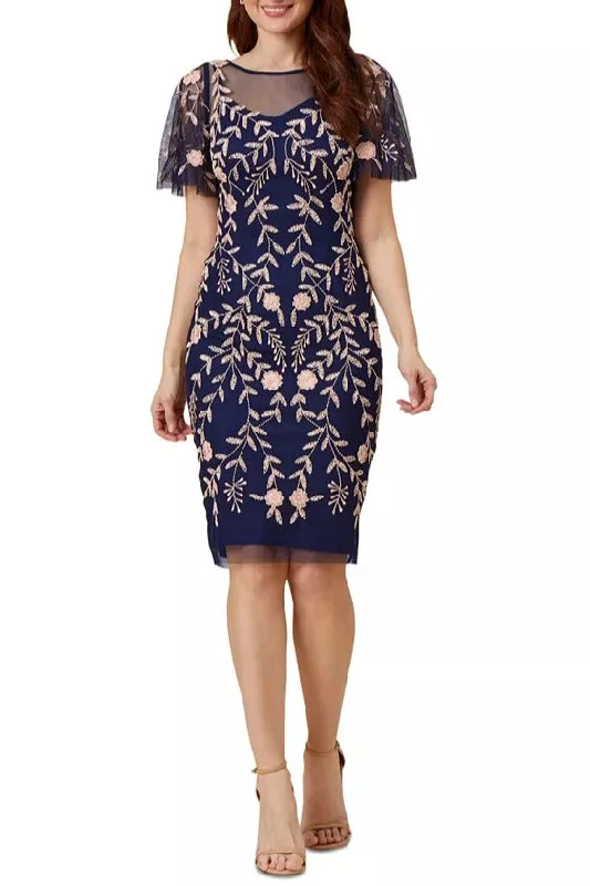 Adrianna Papell Navy Blush Flutter Sleeve Sheath Sequin Dress