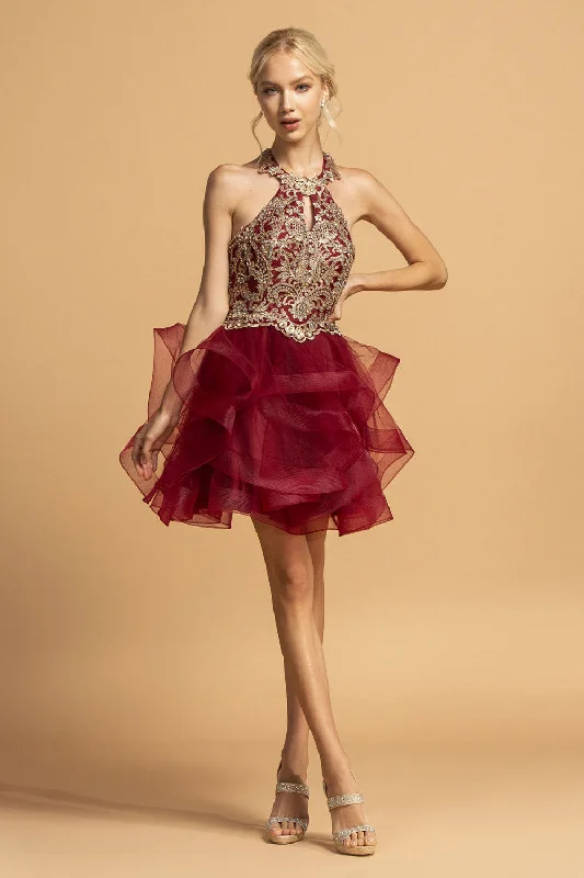 Aspeed Design -S2087 Halter Embellished Ruffle Short Cocktail Dress