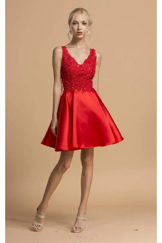 Aspeed Design -S2108 V-Neck Embellished Short Cocktail Dress