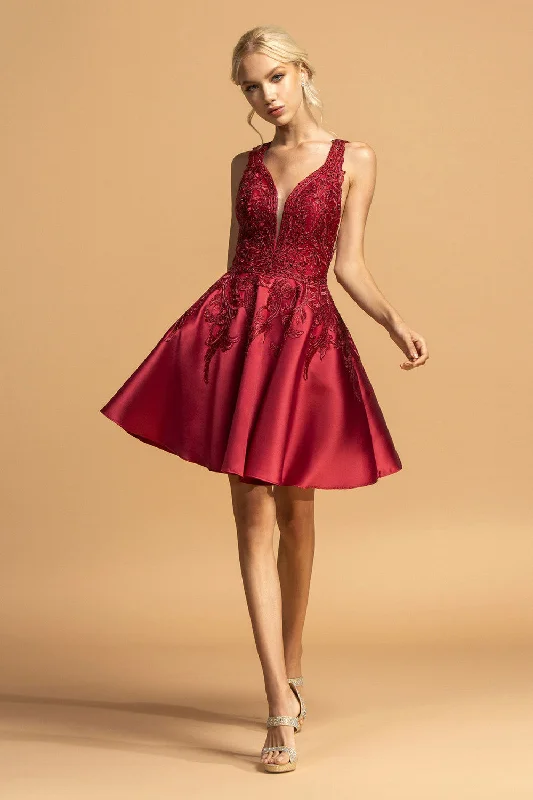Aspeed Design -S2115 V-Neck Applique Short Cocktail Dress