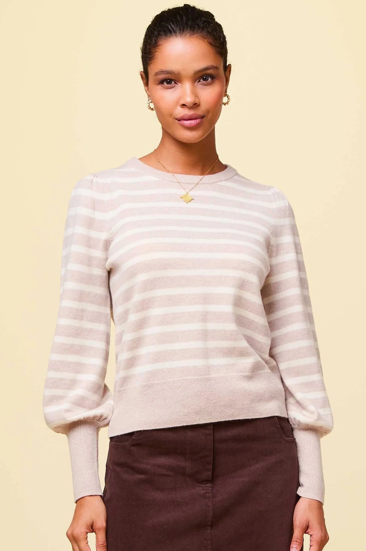 Aspiga Womens Stripe Crew Neck Jumper - Oat/Cream Wool Sweater Cotton Sweater Cashmere Sweater Aspiga Womens Stripe Crew Neck Jumper - Oat/Cream Wool Sweater Cotton Sweater Cashmere Sweater