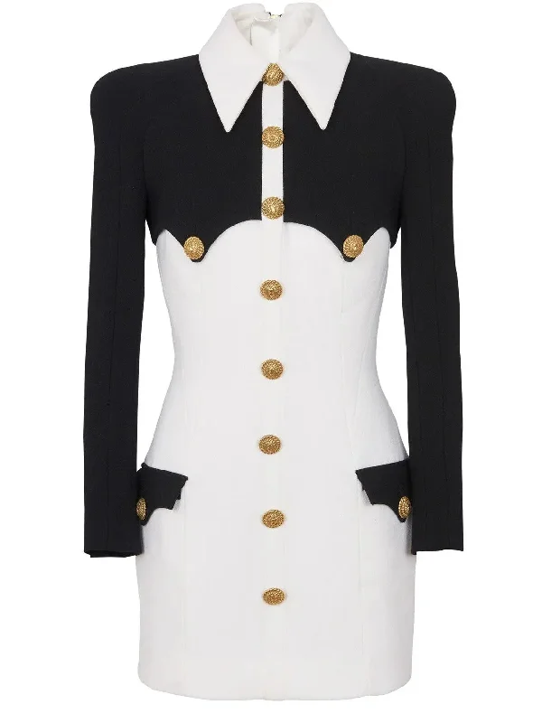 Black and White Short Buttoned Crepe Dress
