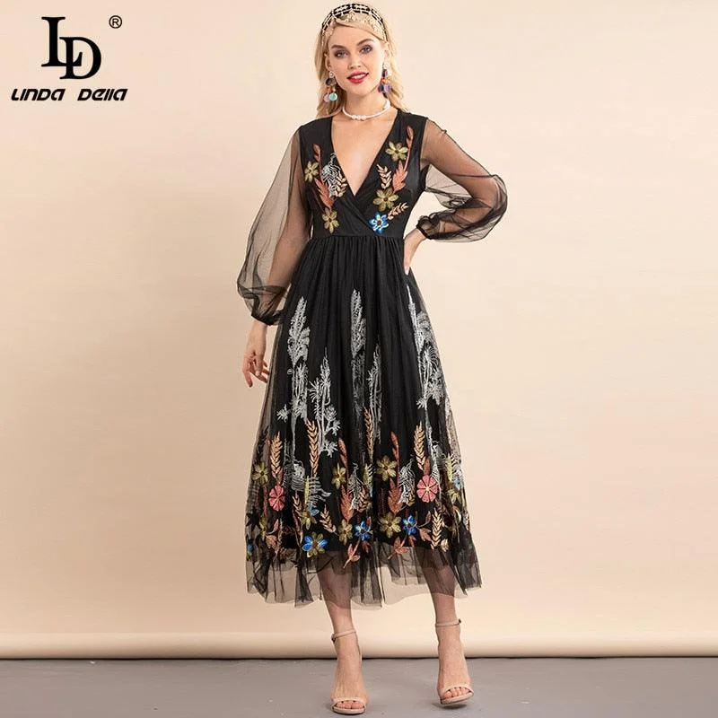 Black Embroidered V-neck Lantern Sleeve Mesh Vintage Dress