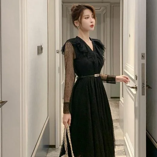 Black V Neck Ruffled Chiffon Elegant Dress