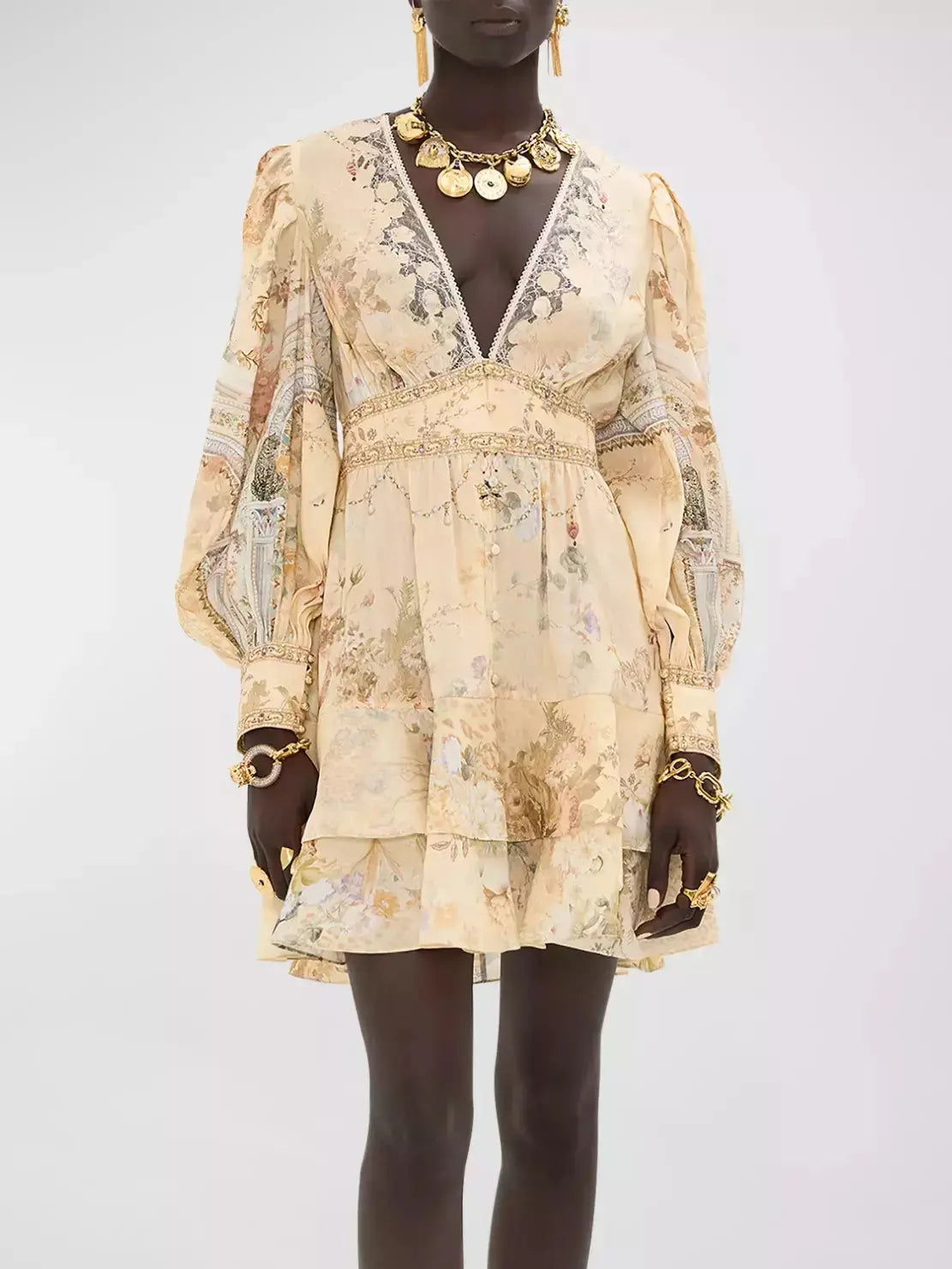 Button-Front Plunge-Neck Printed Frill Dress