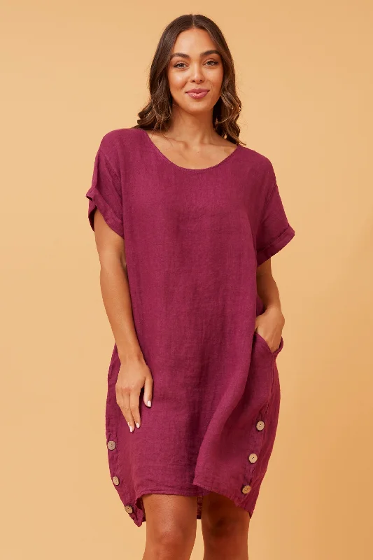 Caroline Morgan Side Button Linen Dress Berry 8