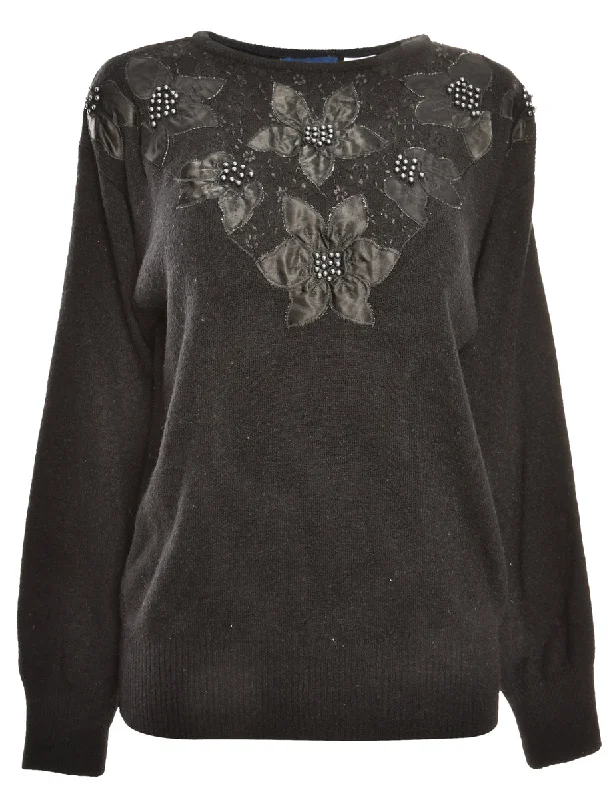 Embellished Black Jumper - M Cable Knit Ribbed Knit Lace Knit