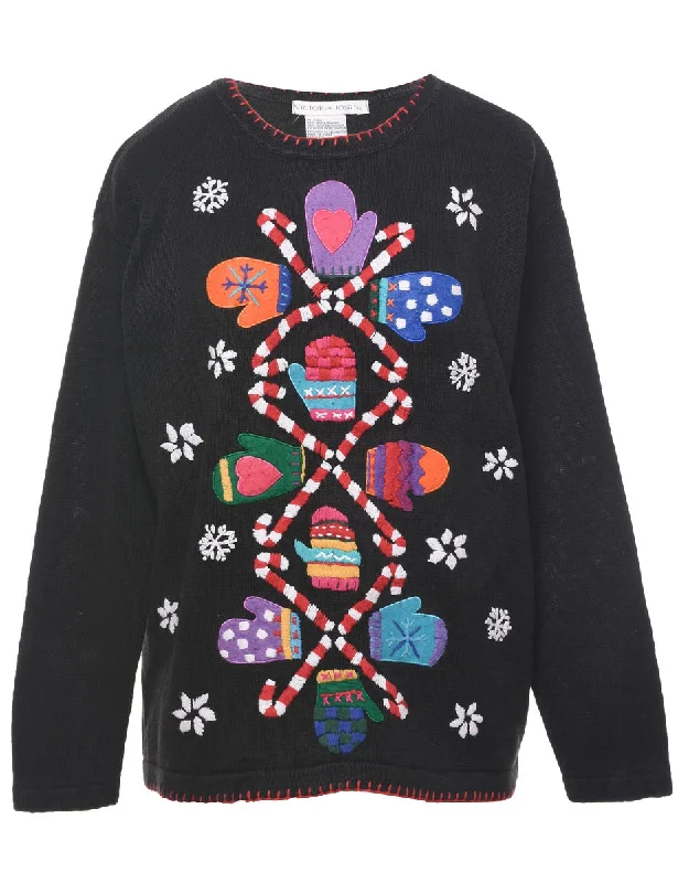Embroidered Christmas Jumper - L Print Jacquard Patchwork