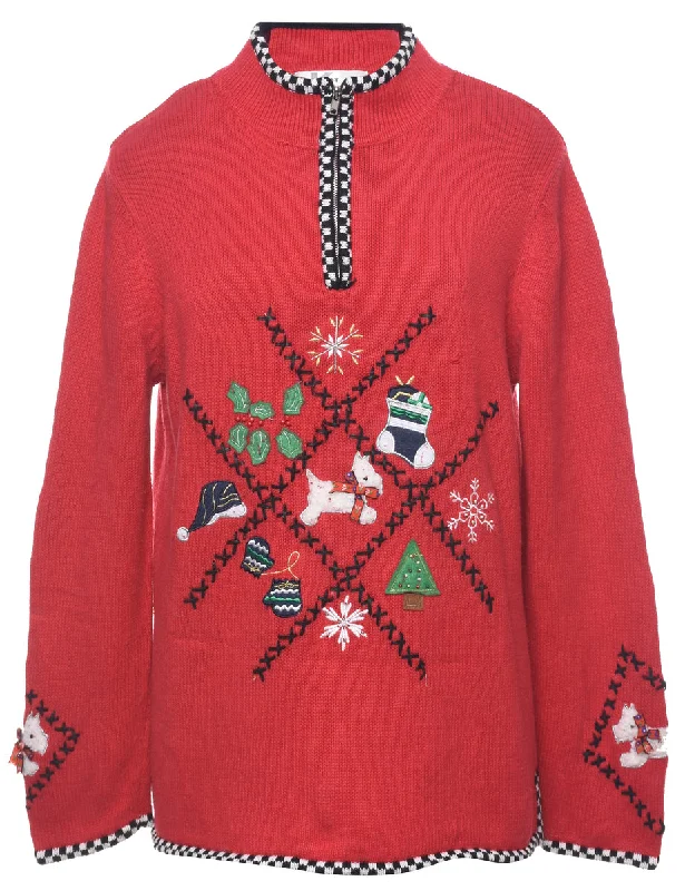 Embroidered Christmas Jumper - L Elasticated Padded Insulated