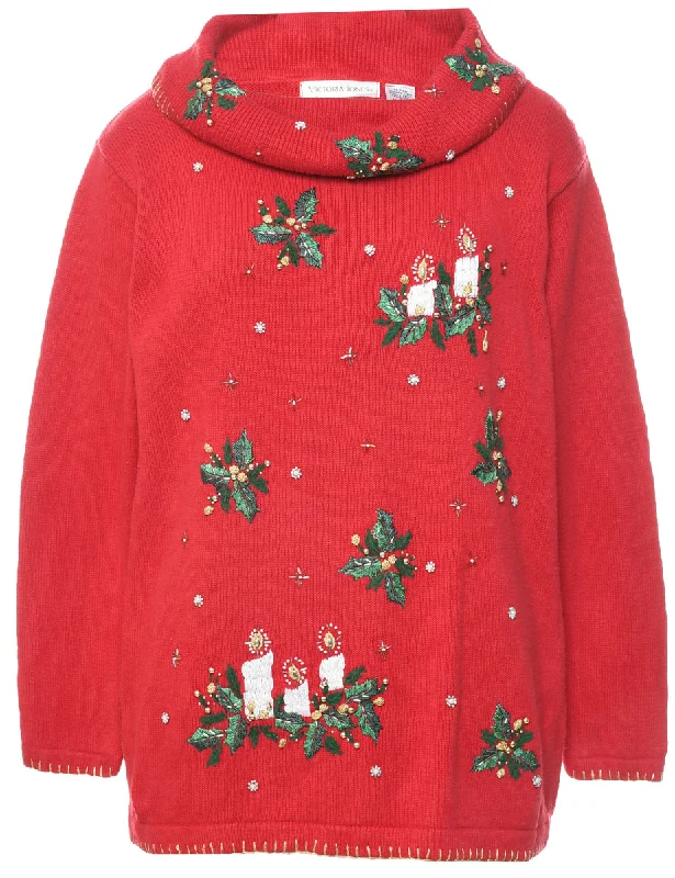 Embroidered Christmas Jumper - L Boat Neck Shawl Collar Notched Collar