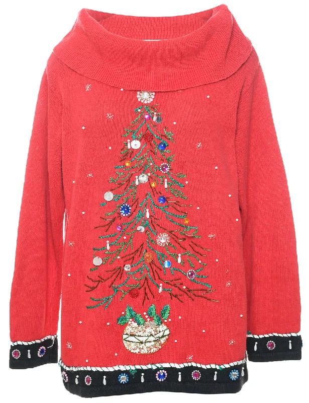 Embroidered Christmas Jumper - M Welt Pockets Slit Pockets Flap Pockets
