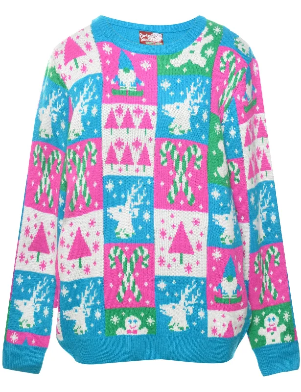 Festive Print Christmas Jumper - L Turtle Neck Boat Neck Asymmetrical Neck