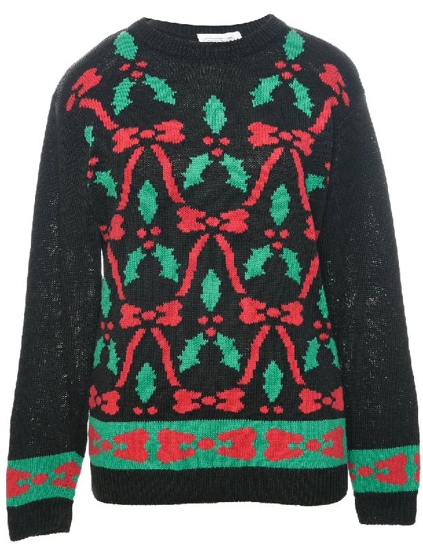 Festive Print Christmas Jumper - M Plaid Sweater Polka Dot Checkered