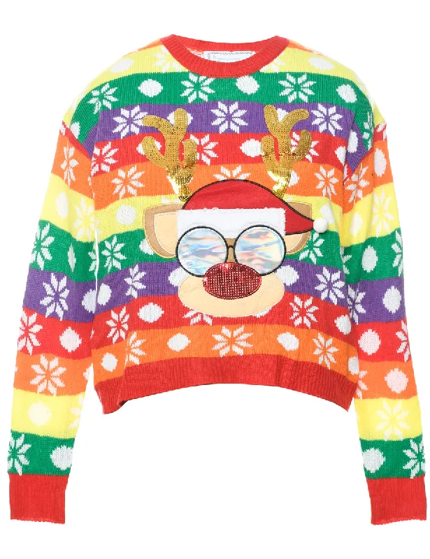 Festive Print Christmas Jumper - M Beaded Sweater Sequined Faux Fur