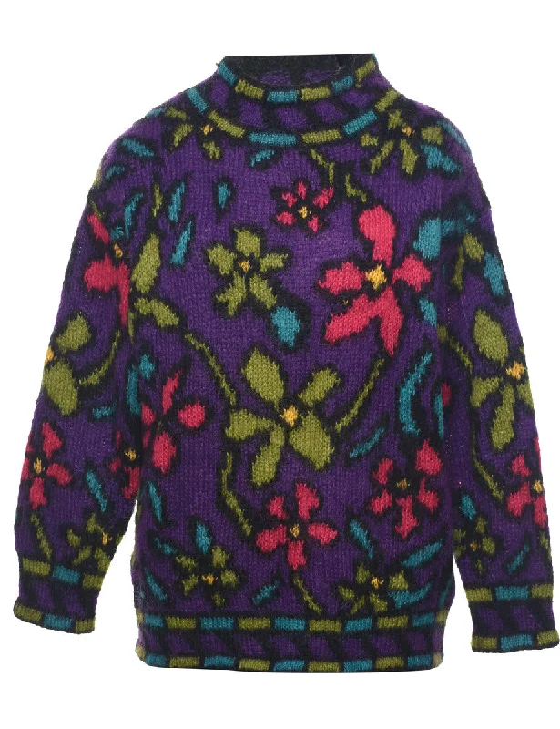 Floral Knit Jumper - L Hooded Caped Shawl Collar