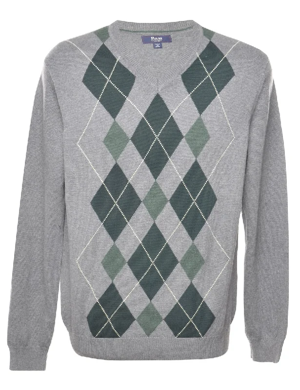 G. H. Bass Argyle Grey Jumper - M Slim Fit Regular Fit Oversized