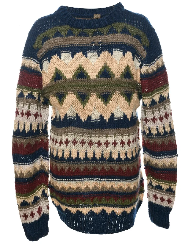 Geometric Pattern Jumper - M Cable Knit Ribbed Knit Lace Knit