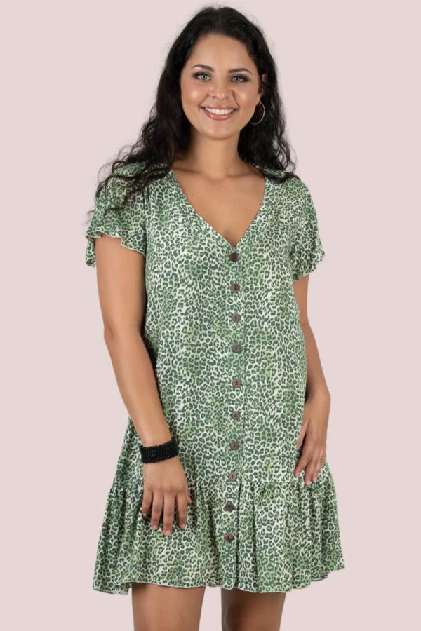 Go Girl Cap Sleeve Button Green Cheetah Dress Cheetah M