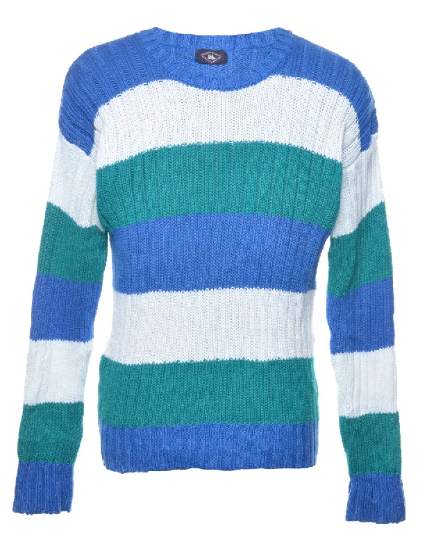 Green & Blue Striped Knit Jumper - S Chenille Fabric Brocade Fabric Lace Fabric