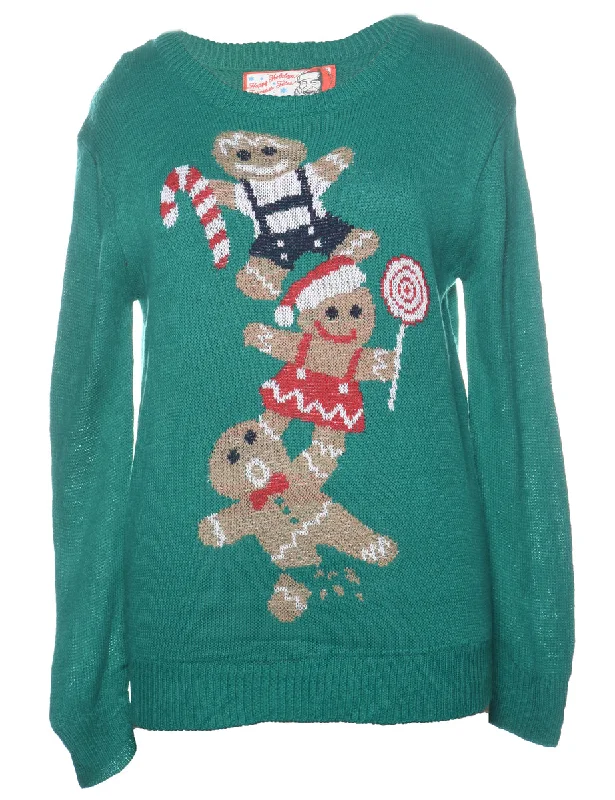 Green Christmas Jumper - L Ribbed Striped Patterned