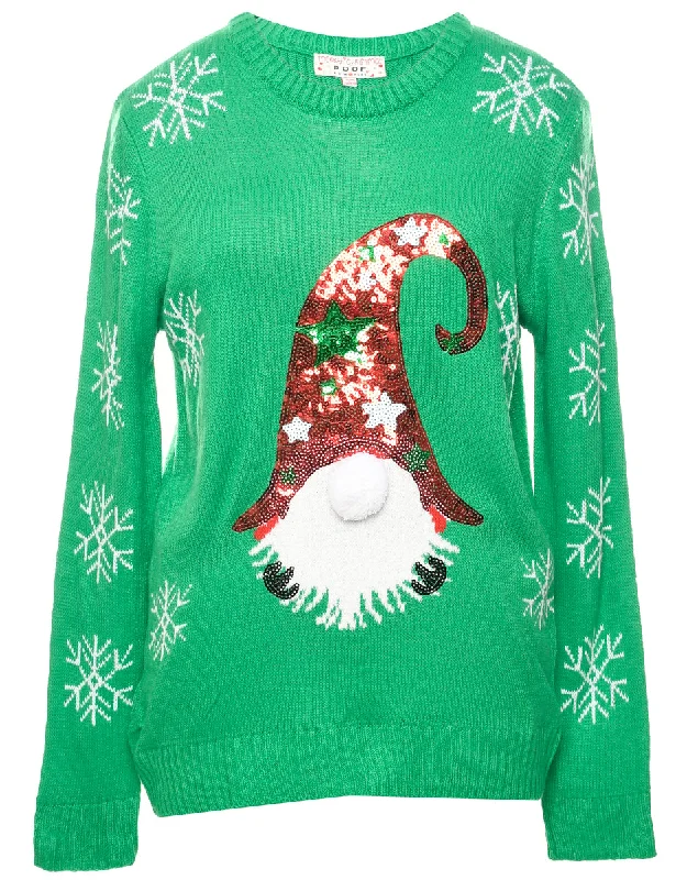 Green Christmas Jumper - L Sequined Glittery Shiny