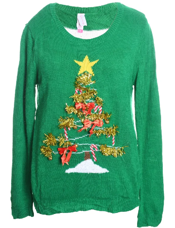 Green Christmas Jumper - XL Hooded Sweater Collared Sweater Shawl Collar