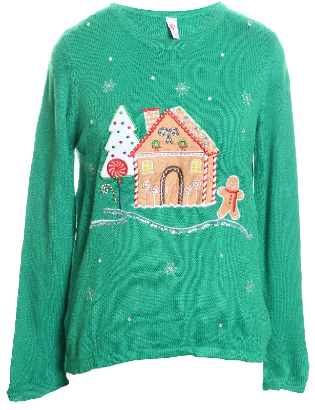 Green Classic Knit Embroidered Christmas Jumper - M Silk Blend Satin Velvet
