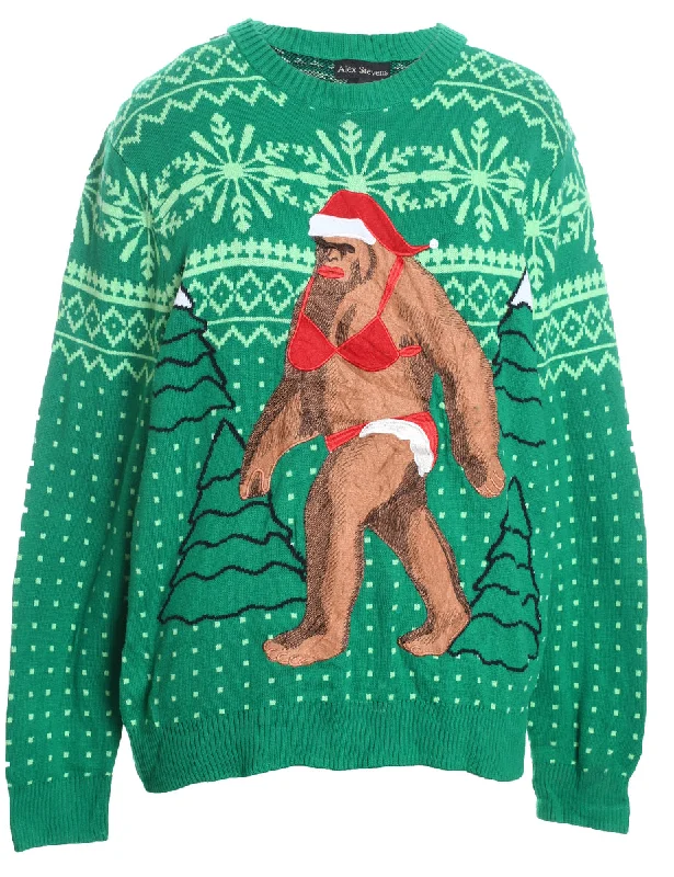 Green Novelty Christmas Jumper - L Thin Thick Dense
