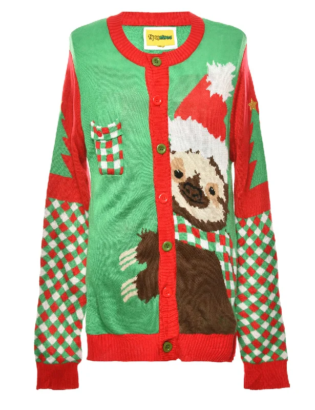 Green & Red Festive Season Sloth Design Jumper - L Boxy Sweater Fitted Sweater A-Line