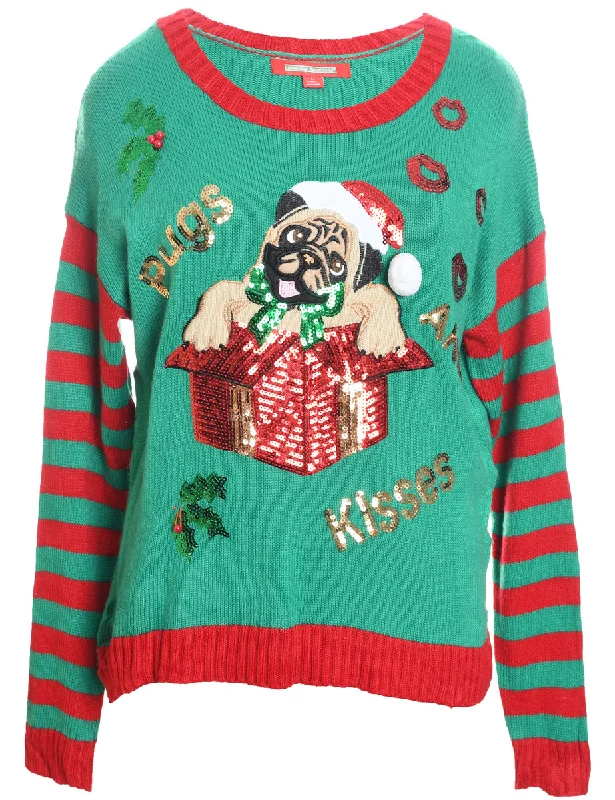 Green & Red Pug Design Christmas Jumper - L Seamless Knitted Crochet