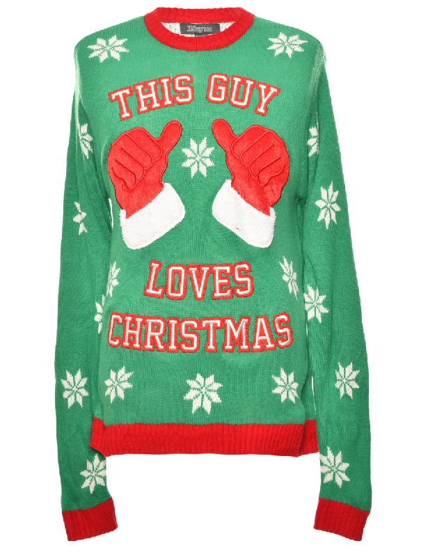 Green & Red Snowman Design Christmas Jumper - M Machine Wash Dry Clean Hand Wash