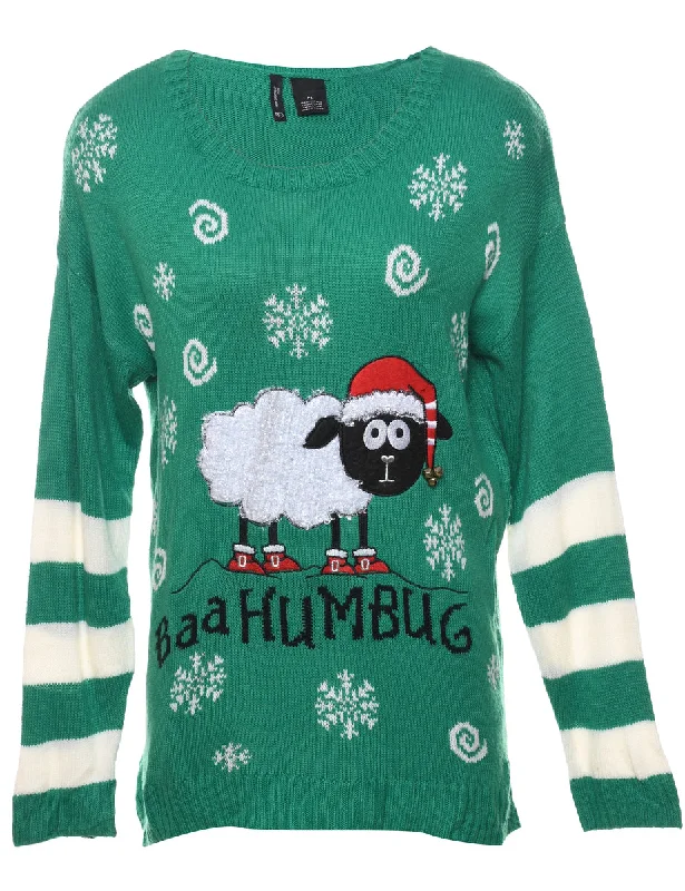 Green Sheep Design Christmas Jumper - L Satin Blend Silk Blend Wool Blend