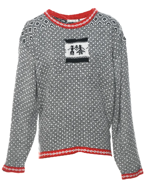 Grey Nordic Jumper - M Ribbed Striped Patterned