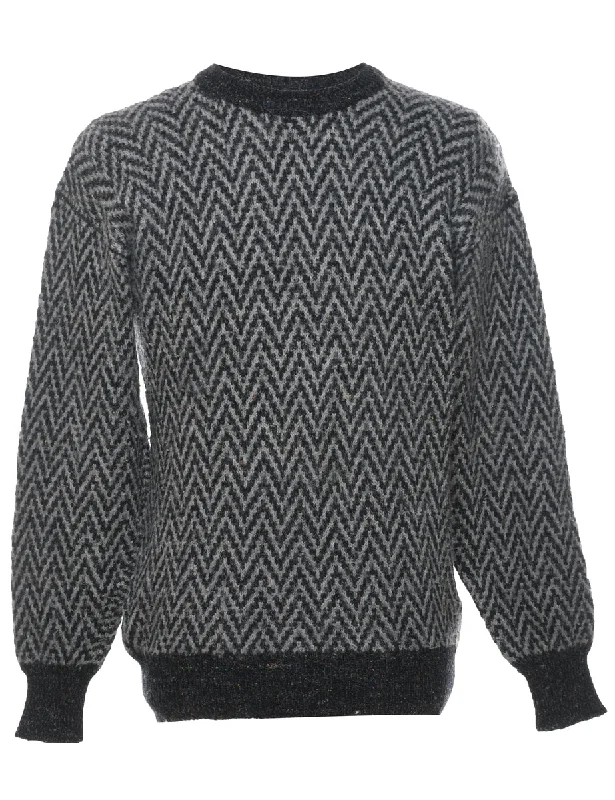 Grey Patterned Knit Jumper - M Nylon Fabric Polyester Fabric Spandex Fabric