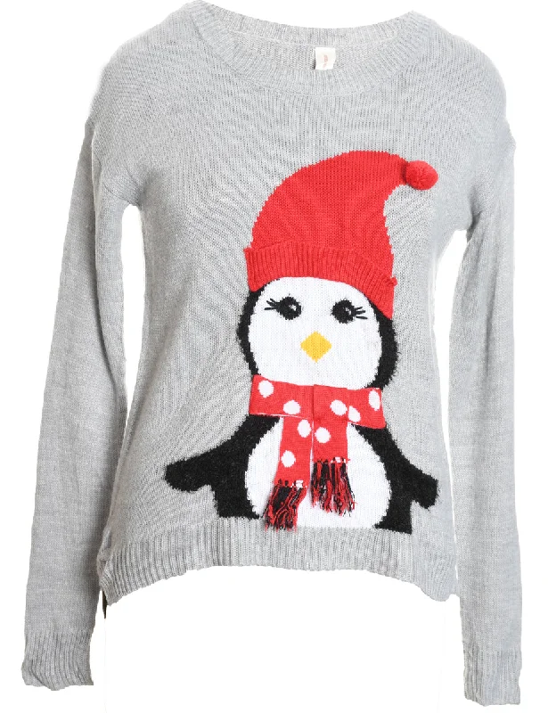 Grey, Red & White Penguin Design Knit Christmas Jumper - M Polka Dot Checkered Tartan