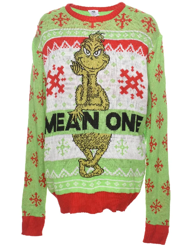 Grinch Design Green Christmas Jumper - XXL Zippered Front Buttoned Front Snap Front