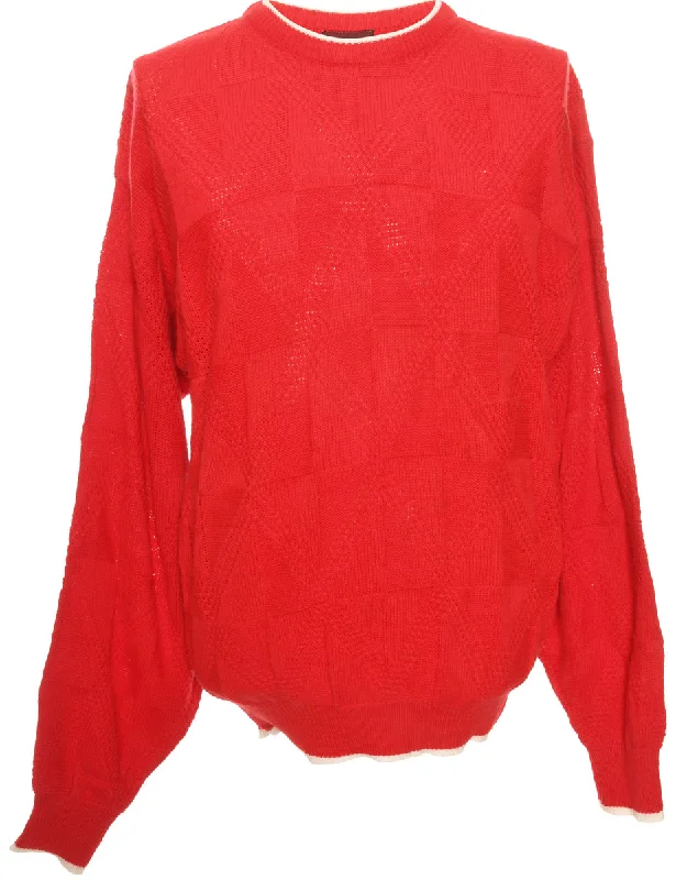 Hand Knitted Red Jumper - L Houndstooth Herringbone Solid