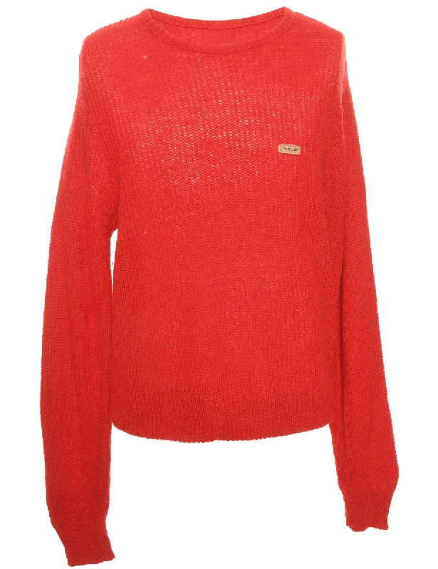 Hand Knitted Red Jumper - M Collared Crew Neck Turtle Neck