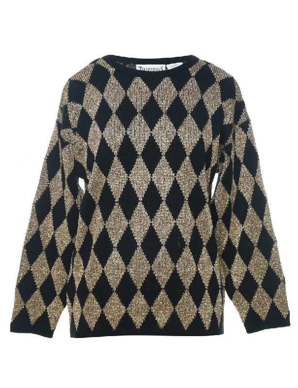 Harlequin Pattern Black & Gold Sparkly Jumper - M Zippered Front Buttoned Front Snap Front