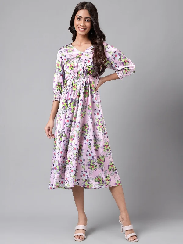Lavender Satin V-Neck Dress with Multicolor Prints