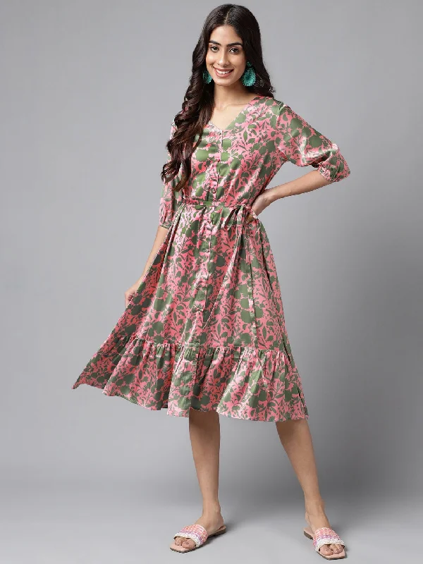 Pink Satin V-Neck Dress with Olive Green Abstract Prints