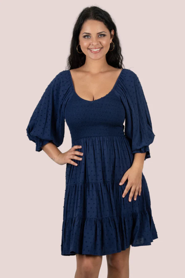 Jar of Hearts V Neck Shirred Bodice  Violet Dress Navy M