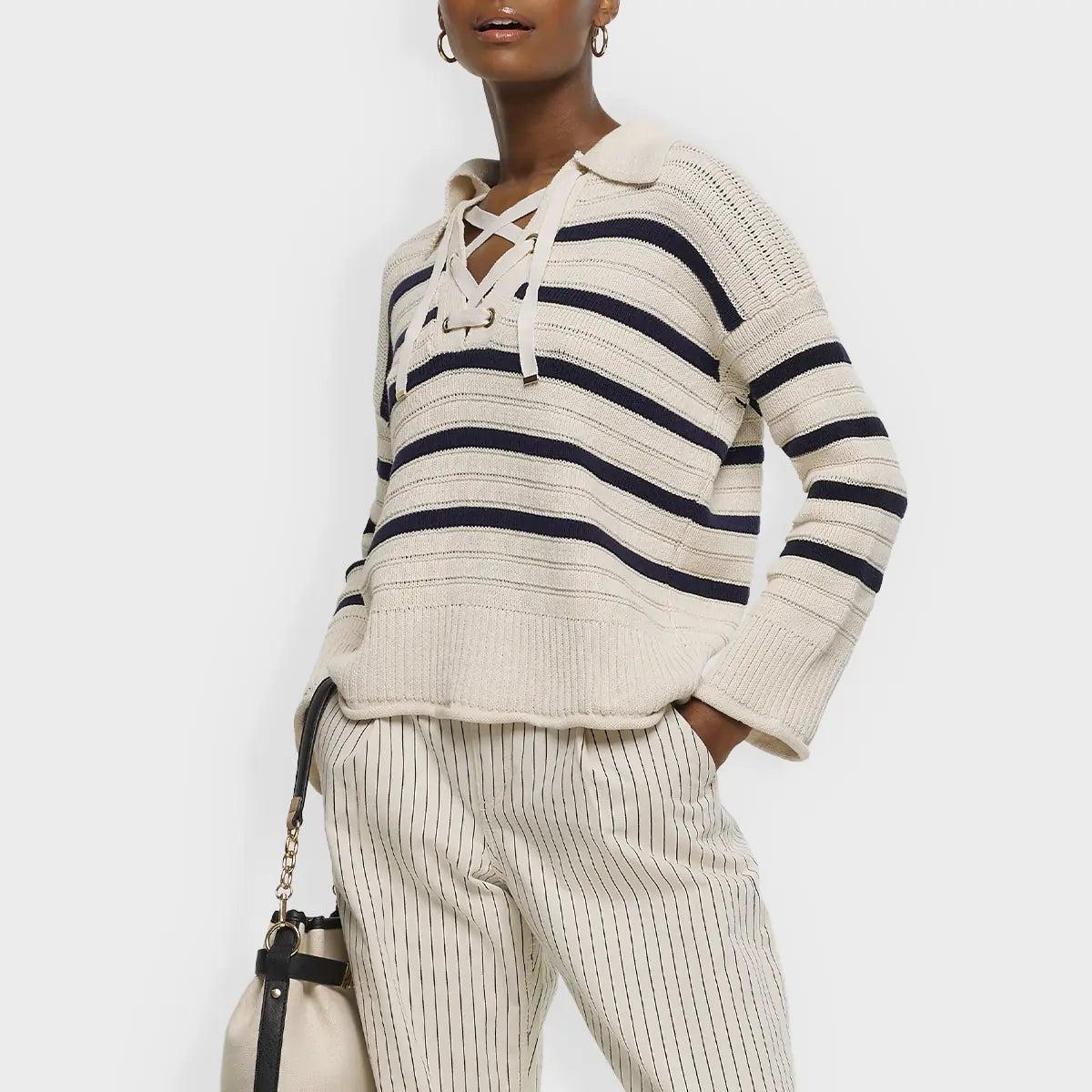 Ladies Striped Tieneck Jumper Terry Terry Cloth Terry Knit