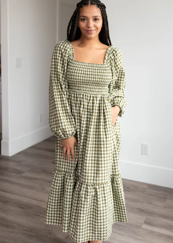 Lorena Olive Gingham Square Neck Dress